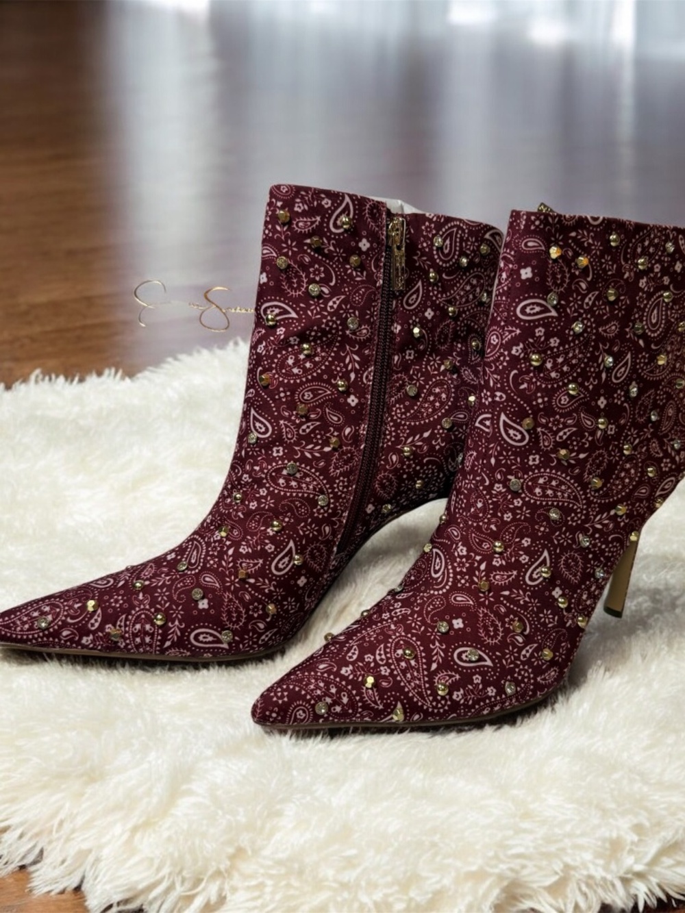 Jessica Simpson Women’s Paisley Rhinestone Ankle Boots Burgundy Size 9.5M